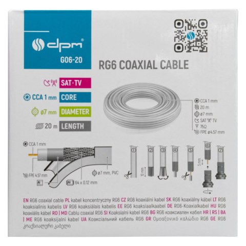 Kabel koncentryczny RG6, 1 mm CCA, 20 m, karton DPM