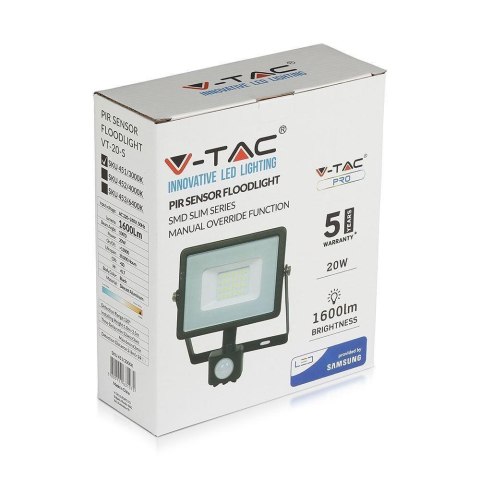 Naświetlacz LED V-TAC 20W SAMSUNG CHIP czujnik ruchu czarny VT-20-S-W 6400K 1600lm