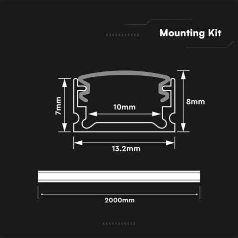 Profil do LED zestaw, ALU anodowany V-TAC 2mb klosz mleczny 13,2x7mm VT-81133