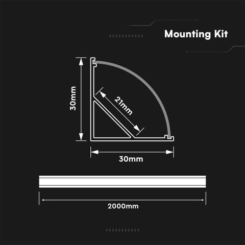 Profil do LED zestaw, ALU anodowany narożny V-TAC 2mb klosz mleczny 30x30mm VT-81135