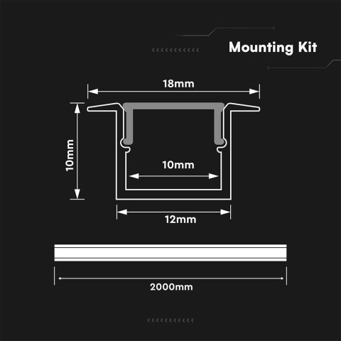 Profil do LED zestaw, ALU anodowany wpuszczany V-TAC 2mb klosz mleczny 12x10mm VT-81132