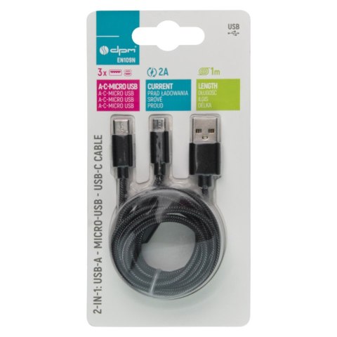 Przewód USB 2.0, 2 w 1, USB A / USB C + microUSB, czarny, 1 m DPM