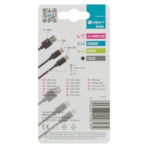 Przewód USB 2.0, 2 w 1, USB A / USB C + microUSB, czarny, 1 m DPM