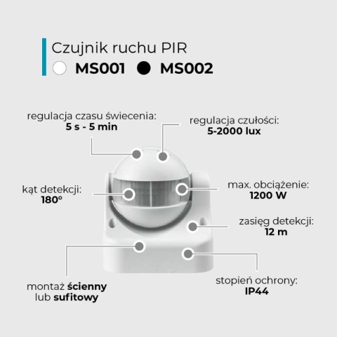 Czujnik ruchu PIR, IP44, czarny DPM