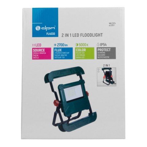 Naświetlacz LED z gniazdem AC 230 , 2700 lm, 5000 K, IP54, zielony DPM