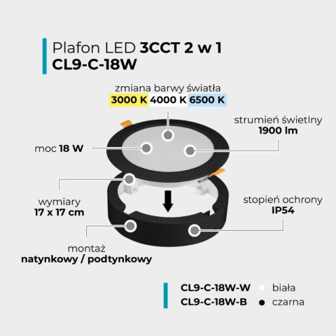 Plafon LED 2 w 1, 18 W, 1900 lm, 3000K-4000K-6000K, IP54, okrągły, czarny DPM