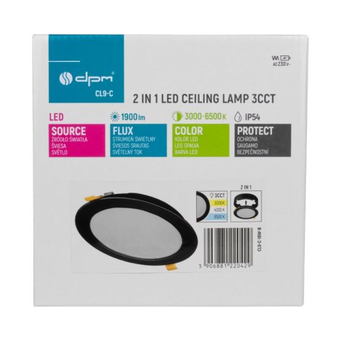 Plafon LED 2 w 1, 18 W, 1900 lm, 3000K-4000K-6000K, IP54, okrągły, czarny DPM