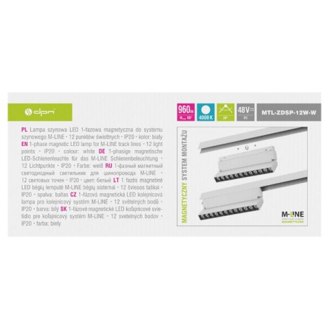 Reflektor szynowy magnetyczny liniowy, regulowany, 12 W, 960 lm, 4000 K, biały, M-LINE DPM