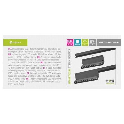 Reflektor szynowy magnetyczny liniowy, regulowany, 12 W, 960 lm, 4000 K, czarny, M-LINE DPM