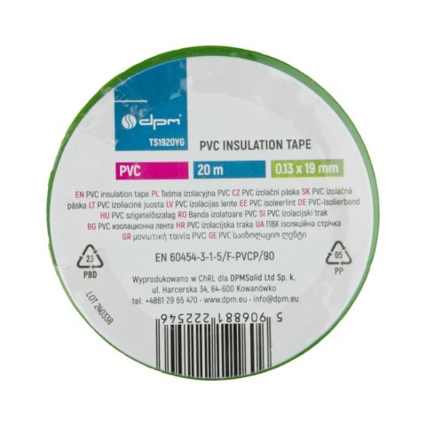 Taśma izolacyjna 19 mm, 20 m, żółto-zielona