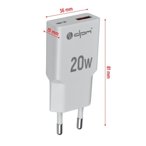 Ładowarka sieciowa 2 x USB (A+C), QC 3.0, PD, PPS, 3 A, 20 W, biała