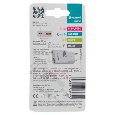 Ładowarka sieciowa 2 x USB (A+C), QC 3.0, PD, PPS, 3 A, 20 W, biała