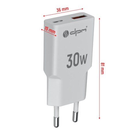 Ładowarka sieciowa 2 x USB (A+C), QC 3.0, PD, PPS, 3 A, 30 W, biała