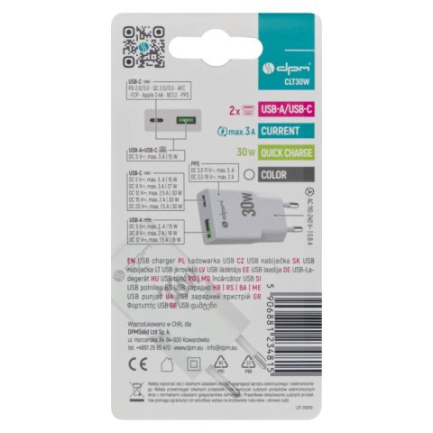 Ładowarka sieciowa 2 x USB (A+C), QC 3.0, PD, PPS, 3 A, 30 W, biała