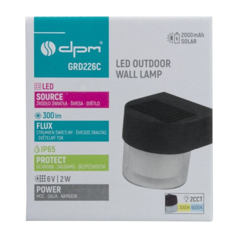 Lampa solarna zewnętrzna, 2 W, 300 lm, 3000/6000 K, IP65, czarna