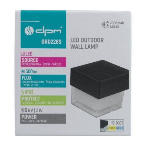 Lampa solarna zewnętrzna, 2 W, 300 lm, 3000/6000 K, IP65, czarna