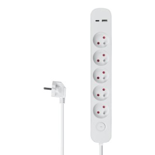 Listwa ochronna z wyłącznikiem, 5 gniazd, 2 x USB, biała, 1.5 m