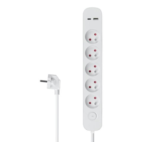 Listwa ochronna z wyłącznikiem, 5 gniazd, 2 x USB, biała, 1.5 m