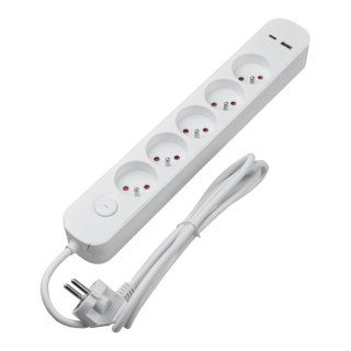 Listwa ochronna z wyłącznikiem, 5 gniazd, 2 x USB, biała, 1.5 m