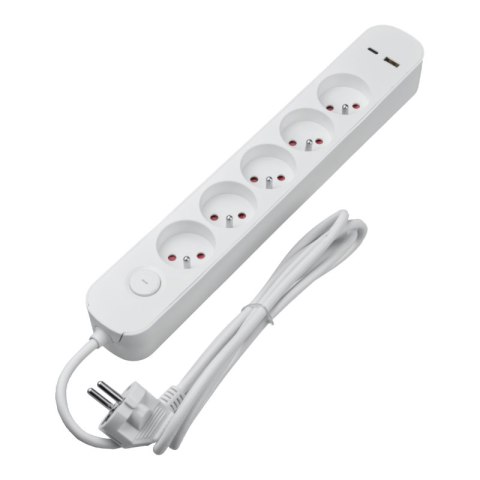 Listwa ochronna z wyłącznikiem, 5 gniazd, 2 x USB, biała, 1.5 m