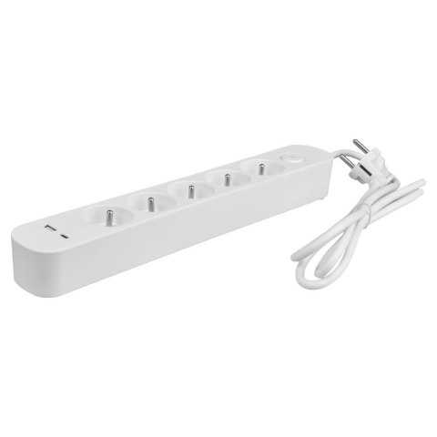 Listwa ochronna z wyłącznikiem, 5 gniazd, 2 x USB, biała, 1.5 m