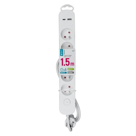 Listwa ochronna z wyłącznikiem, 5 gniazd, 2 x USB, biała, 1.5 m