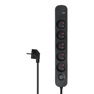 Listwa ochronna z wyłącznikiem, 5 gniazd, 2 x USB, szara, 1.5 m
