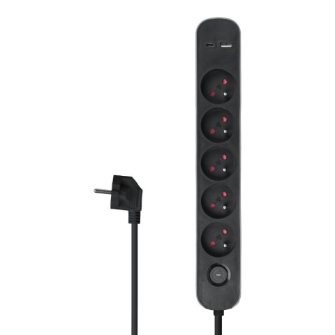 Listwa ochronna z wyłącznikiem, 5 gniazd, 2 x USB, szara, 1.5 m
