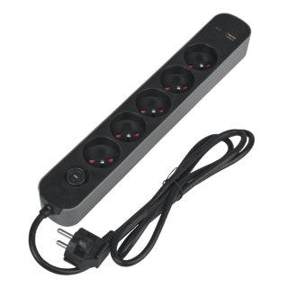 Listwa ochronna z wyłącznikiem, 5 gniazd, 2 x USB, szara, 1.5 m