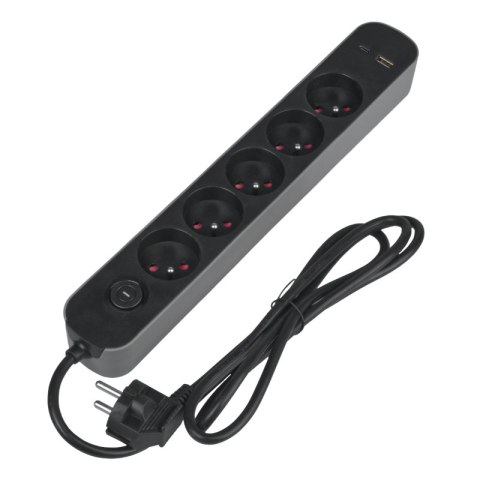 Listwa ochronna z wyłącznikiem, 5 gniazd, 2 x USB, szara, 1.5 m