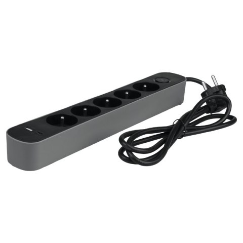 Listwa ochronna z wyłącznikiem, 5 gniazd, 2 x USB, szara, 1.5 m