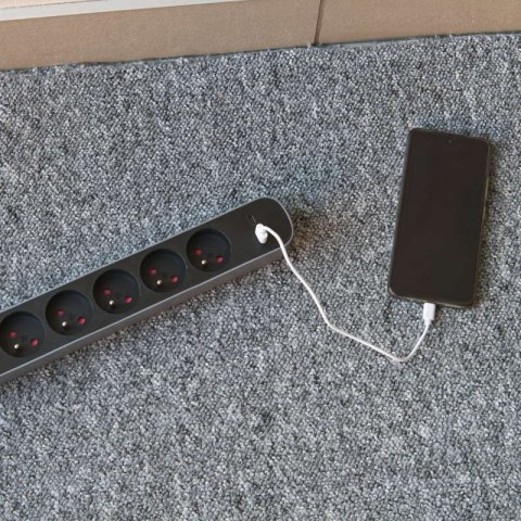 Listwa ochronna z wyłącznikiem, 5 gniazd, 2 x USB, szara, 1.5 m