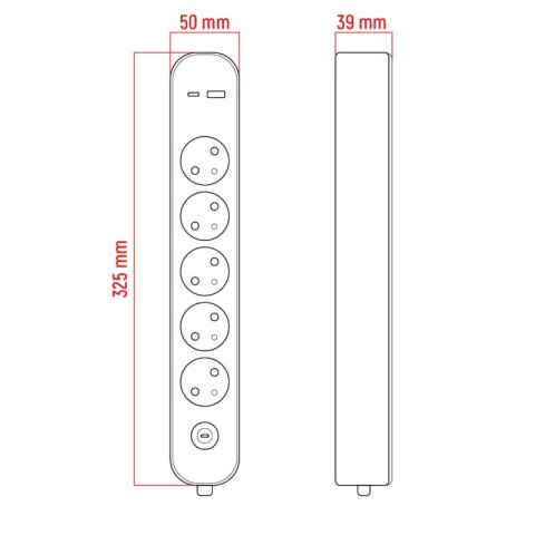 Listwa ochronna z wyłącznikiem, 5 gniazd, 2 x USB, szara, 1.5 m