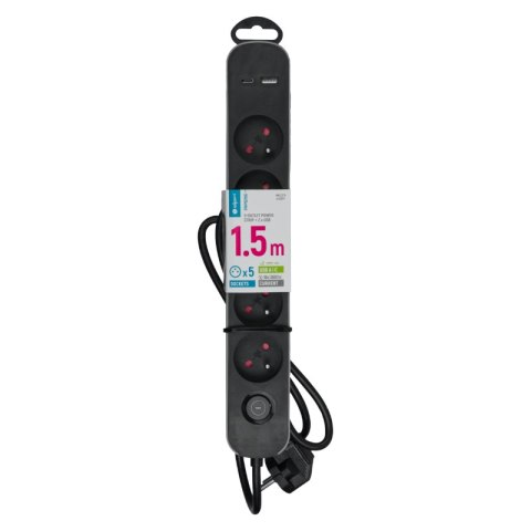 Listwa ochronna z wyłącznikiem, 5 gniazd, 2 x USB, szara, 1.5 m