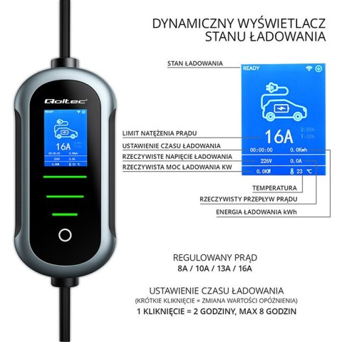 Qoltec Mobilna ładowarka do samochodu elektrycznego EV z regulacją 2w1 Typ2 | 11kW | 400V | CEE 16A | Wi-fi | TUYA | SMART LIFE 