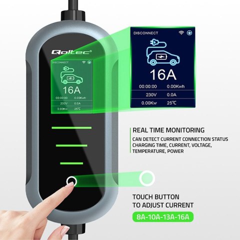 Qoltec Mobilna ładowarka do samochodu elektrycznego EV z regulacją 2w1 Typ2 | 11kW | 400V | CEE 16A | Wi-fi | TUYA | SMART LIFE 
