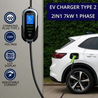 Qoltec Mobilna ładowarka do samochodu elektrycznego EV z regulacją 2w1 Typ2 | 7kW | 230V | CEE 32A | Wi-fi | TUYA | SMART LIFE |