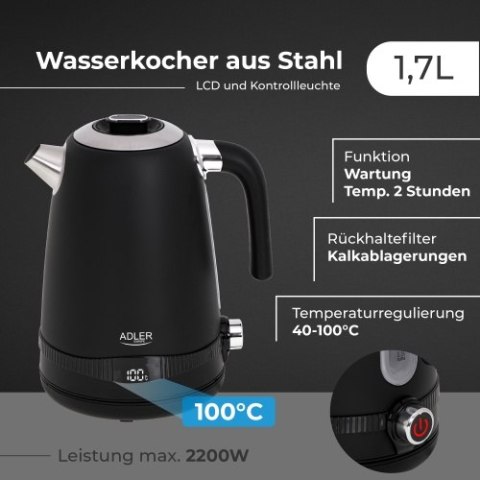 Adler Czajnik metalowy 1,7L z LCD & regulacją temperatury
