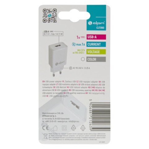 Ładowarka sieciowa 1 x USB, 1 A, biała DPM