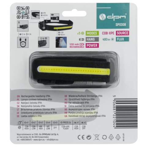 Lampa czołowa COB/XPE, ładowalna, 400 lm, 1200 mAh