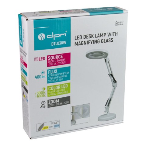 Lampka biurkowa LED z lupą, USB, 8 W, 450 lm, 3000-6000 K, biała