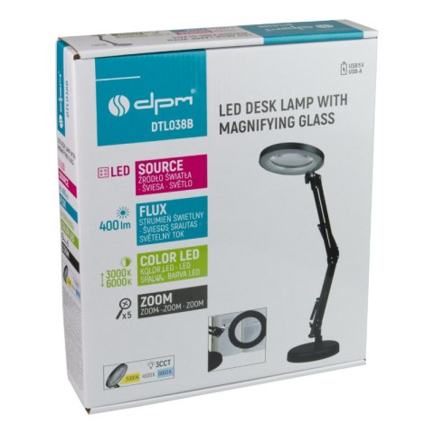 Lampka biurkowa LED z lupą, USB, 8 W, 450 lm, 3000-6000 K, czarna