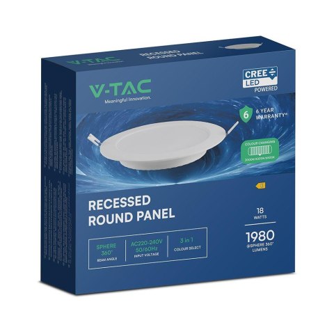 Panel wpuszczany downlight V-TAC 18W LED CREE CHIP okrągły 220x28mm VT-61018CCT 3000K-4000K-6500K 1980lm
