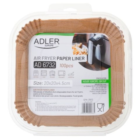 Adler Papierowe wkłady do frytkownicy powietrznej | 100 szt. | 20 cm | Do 240°C | Biodegradowalne