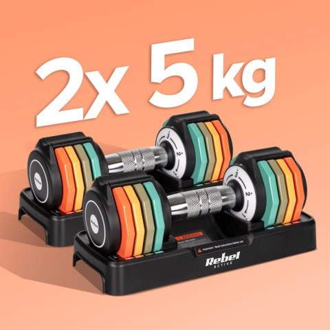Hantle żeliwne regulowane automatycznie, zestaw 2x5 kg, skok co 1kg, REBEL ACTIVE