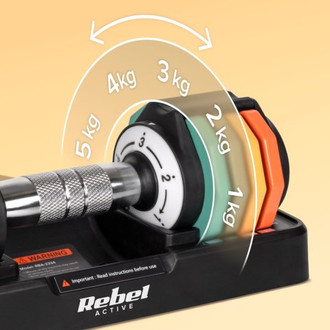 Hantle żeliwne regulowane automatycznie, zestaw 2x5 kg, skok co 1kg, REBEL ACTIVE