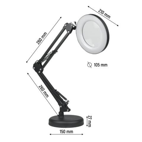 Lampka biurkowa LED z lupą USB, 8 W, 450 lm, 3000-6000 K, czarna DPM