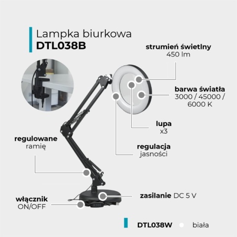 Lampka biurkowa LED z lupą USB, 8 W, 450 lm, 3000-6000 K, czarna DPM