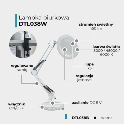 Lampka biurkowa LED z lupą USB, 8 W, 450 lm, 3000-6000 K, biała DPM