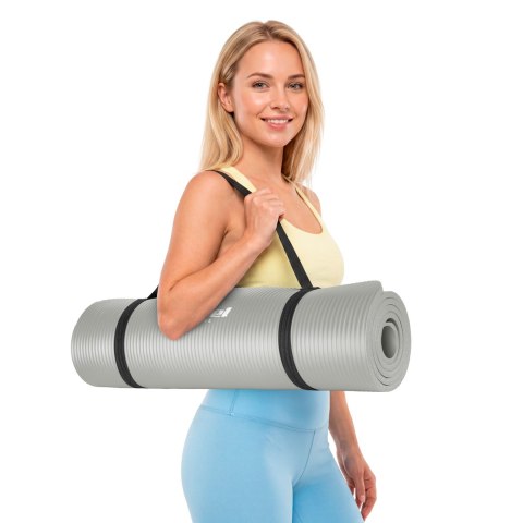 Mata gimnastyczna do ćwiczeń joga, pilates, fitness, 183x61cm, grubość 1.5cm, materiał NBR, szara, REBEL ACTIVE